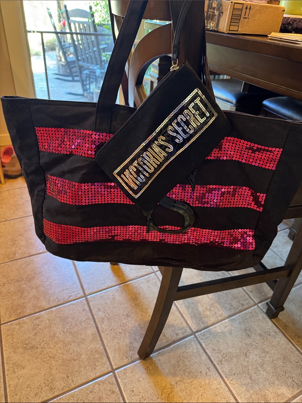 Victoria's Secret Black Tote with Hot Pink Sequin Stripes and Matching Wristlet